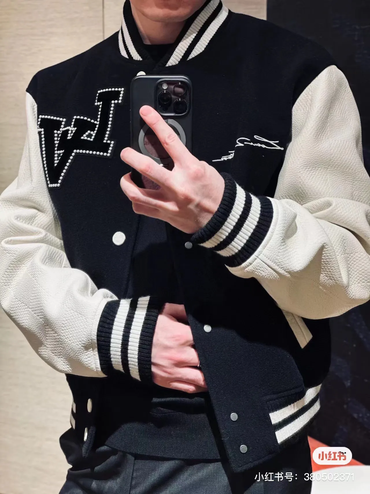 Louis Vuitton/Louis Vuitton 24Fw pearl embroidered letter baseball jacket